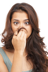 Image showing Split ends, woman and surprised in studio with shampoo texture, treatment damage and keratin hairloss. Model, person and shocked with hair for haircare, cosmetics and hairstyle on white background