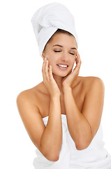 Image showing Towel, beauty studio and relax woman for morning routine, self care treatment or feeling collagen results. Bathroom, eyes closed and girl smile for skincare, hygiene or wellness on white background