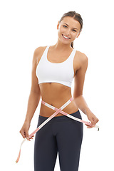 Image showing Happy woman, lose weight and portrait with results on measuring tape in studio or white background. Fitness, check and person with measurement size of body for health, wellness and progress in goals