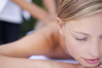 Image showing Woman, massage and therapist for wellness, back and spa for treatment and stress relief skincare. Sleeping, masseuse and resting in resort, peaceful and hands for luxury bodycare and tranquility