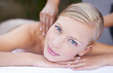 Image showing Woman, therapist and massage to relax, portrait and spa for treatment and stress relief therapy. Sleeping, masseuse and wellness in resort, peaceful and hands for luxury bodycare and tranquility