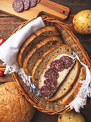 Image showing Sliced spicy salami on bread slice