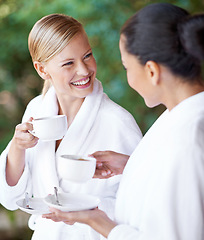 Image showing Spa, friends and happy women drinking coffee for health, wellness and skincare treatment. Girls, tea cup and salon for beauty, luxury body therapy in bathrobe and diverse people relax together