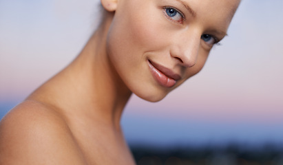 Image showing Woman, portrait and skincare outdoor with beauty, spa and facial treatment at sunset with skin glow. Hotel, wellness and female person from Switzerland with cosmetics, resort and relax at dusk