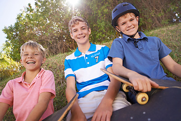 Image showing Friends, children and skateboard in outdoor portrait, brothers and smiling for sports. Happy siblings, laughing and humor on adventure, bonding and funny joke or playing on vacation or holiday