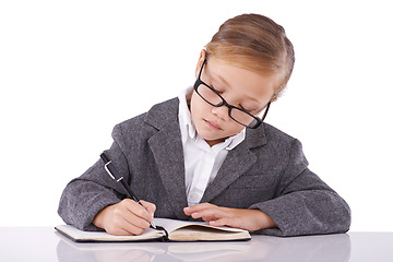 Image showing Business person, notebook and child writing notes in studio, ideas and planning for company growth. Female person, pretend employee and journal for strategy, schedule and diary on white background