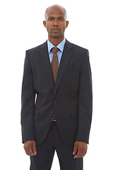 Image showing Corporate, portrait and black man in a suit for business with confidence and pride in white background of studio. Serious, businessman and professional entrepreneur with formal fashion for work