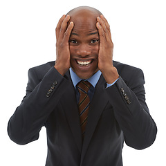 Image showing Frustrated businessman, portrait or stress in anxiety with facial expression on a white studio background. Face of black man or employee with mental disorder in anticipation, burnout or bipolar