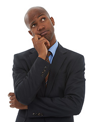 Image showing Business, confused black man and thinking in studio of ideas, future decision and remember why on white background. Curious employee daydream of choice, planning solution and brainstorming questions