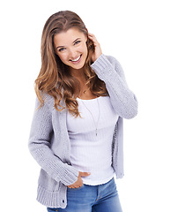 Image showing Fashion, confident and portrait of happy woman on a white background with style, clothes and outfit. Attractive, smile and face of isolated person with positive attitude, pride and relax in studio