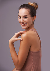 Image showing Skincare, smile and portrait of woman in studio with health, wellness and dermatology routine. Beauty, confident and female person with natural face cosmetic treatment and isolated by gray background