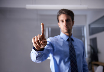 Image showing Businessman, touch and finger interface for futuristic technology, glasses and tech innovation in office. Entrepreneur, virtual or search with hand on screen, choice or serious professional at work