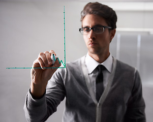 Image showing Businessman, writing and glass with graph in office, brainstorming and planning with idea in workplace. Finance professional, thinking or pen in problem solving, chart or solution in corporate career