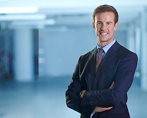 Image showing Portrait, smile and business man with arms crossed for pride in corporate career in office. Face, confidence and happy professional lawyer, attorney and consultant in suit at company in Australia