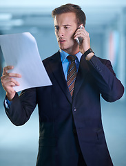 Image showing Phone call, paperwork and young businessman in the office for legal company proposal or agreement. Document, technology and professional male attorney on mobile discussion with cellphone in workplace