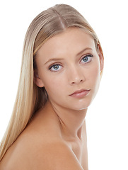 Image showing Woman, portrait and beauty with hair care in studio for cosmetics, keratin treatment and shampoo shine. Model, person and confidence with skincare, collagen texture and hairstyle on white background