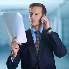 Image showing Phone call, document and young businessman in the office for legal company proposal or agreement. Paperwork, technology and professional male attorney on mobile discussion with cellphone in workplace