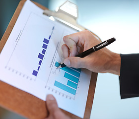 Image showing Business hands, graphs and charts documents for data analysis, financial report and increase, revenue or profit. Professional person or auditor writing of bonus, increase and statistics on clipboard