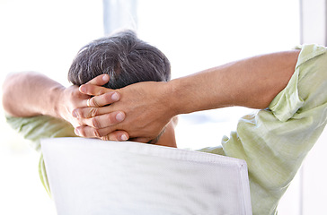 Image showing Relax, man and back on chair with thinking, career satisfaction and positive for decision in company. Mature person, thought and entrepreneur for idea in business and achievement by white background