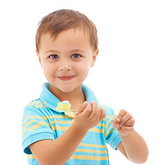 Image showing Boy kid, toothpaste and toothbrush for portrait in studio with smile for health, clean or hygiene by white background. Child, happy and learning for brushing teeth, choice or dental wellness routine