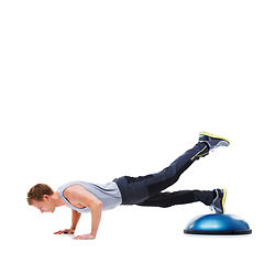 Image showing Man, half ball and exercise or push up in studio, core strength and fitness challenge for wellness. Male person, athlete and equipment for training, healthy body and performance or workout by mockup