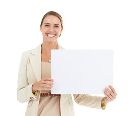 Image showing Professional woman, poster mockup and studio presentation for advertising opportunity, news or information. Portrait of business or face of happy person with paper space or sale on a white background