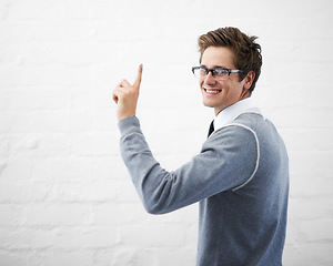 Image showing Smiling, man and idea with hand, worker and professional for corporate brainstorming at lawyer job. Working, young and person with gesture for attorney or legal question on a white background