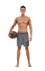 Image showing Happy man, portrait and basketball in fitness for sports, exercise or workout against a white studio background. Active male person or athlete smile for ball game, match or practice on mockup