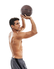 Image showing Man, sports and basketball with shirtless athlete aim at target in studio for fitness and health on white background. Physical activity with muscle, training for game with workout or exercise