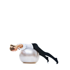 Image showing Woman, fitness and exercise ball for balance training, workout or health and wellness against a white studio background. Active female person or athlete on round object for pilates on mockup space