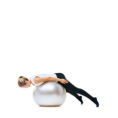Image showing Woman, body and exercise ball for workout or health and wellness on a white studio background. Active female person or athlete with round object for fitness, training or pilates on mockup space
