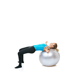 Image showing Woman, body and stretching on exercise ball for workout, health and wellness on a white studio background. Female person or athlete with round object for fitness, training or pilates on mockup space