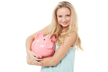 Image showing Woman, piggy bank and finance or smile in studio with cash investment, financial growth or wealth. Person, money box and budget or banking for increase or income on white background with happiness