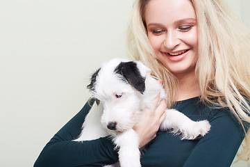 Image showing Happy, hug and woman with a dog in her home with love, care and bonding, trust and having fun together. Puppy, animal and female person embracing Jackopoo pet in a house with support and security