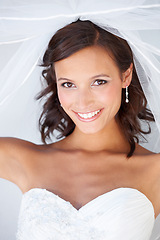 Image showing Wedding, veil and portrait of bride with makeup and fashion for celebration of marriage. Bridal, aesthetic and happy woman at commitment ceremony with beauty, cosmetics and confidence in dress