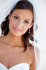 Image showing Wedding, veil and portrait of bride with makeup, fashion and happiness at celebration of marriage. Bridal, aesthetic and woman in ceremony with beauty, confidence and pride in gown or hairstyle