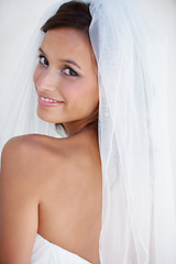 Image showing Wedding, bride and portrait with veil, makeup and fashion for celebration of marriage. Bridal, aesthetic and back of woman in gown at ceremony with beauty, cosmetics and confidence and pride in dress