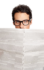 Image showing Business man, portrait and newspaper in studio for stock market information, financial report or investment article on white background. Corporate trader, glasses or reading newsletter of print media