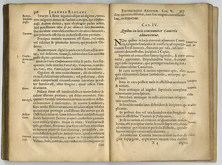 Image showing Antique book and pages with vintage, research and manuscript with paper, medical texts and history. Encyclopedia, volume lexicon and learning with archive, education and journal with literature