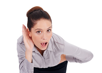 Image showing Business woman, listening and wow for gossip, news or confidential intel on a white background. Portrait of young employee with palm or hands cupping ears for whisper of rumor and shocked in studio