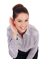 Image showing Business woman, listening and secret for gossip, news or confidential intel on a white background. Portrait of young employee and palm or hands cupping ears in whisper, rumor or information in studio