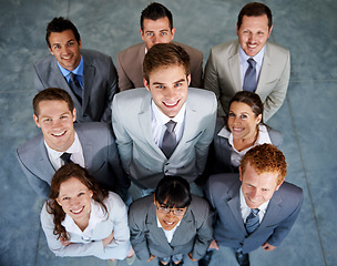 Image showing Top view, happy team and portrait of business people in office, cooperation or collaboration solidarity. Face smile, above and group of confident professional corporate lawyers at company together