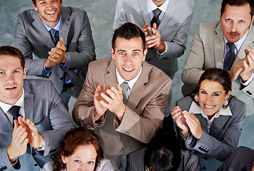 Image showing Portrait, applause or professional people celebration, praise or congratulations for winning success, achievement or victory. Deal, top view group and team celebrate, clapping and winner announcement