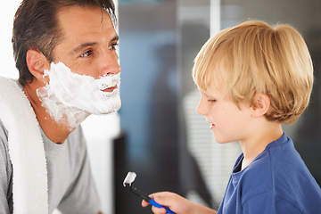Image showing Help with shaving, father and child with cream on face, smile and bonding in home with morning routine. Teaching, learning and dad with happy son in bathroom for love, clean fun or grooming together