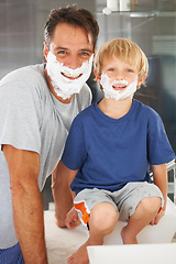 Image showing Shaving, portrait of dad and child with cream on face, smile and bonding in home with morning routine. Love, happiness and father with son in bathroom for facial, clean fun or grooming together