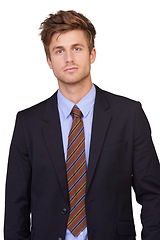 Image showing Fashion, portrait and business man in studio with confident, attitude or positive employee on white background. Corporate, clothes and face of professional male entrepreneur with trendy or style suit