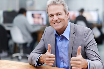 Image showing Smile, thumbs up and portrait of business man in office for success, yes and agreement. Happy, manager and pride with mature employee in agency startup for professional, achievement and approval