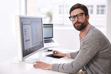 Image showing Research, computer and portrait of business man in office for information, company and project management. Idea, review and online with male employee in startup agency for professional feedback