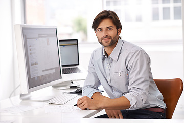 Image showing Human resources, smile and portrait of businessman in office checking cv for recruitment. Technology, confident and professional male hr manager working and reading resume on computer in workplace.
