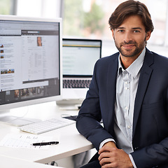 Image showing Portrait, office and businessman at desk with computer, screen and HR website online. Human resources, recruitment career and professional with confidence, internet research and consulting agency.